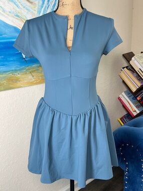 Women's Blue Short-Sleeve Fit-and-Flare Dress